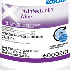 Ecolab Disinfectant 1 Surface Disinfectant Cleaner Bactericidal Manual Pull Wipe 220 Count Canister Sweet Scent NonSterile | 12CT/Case