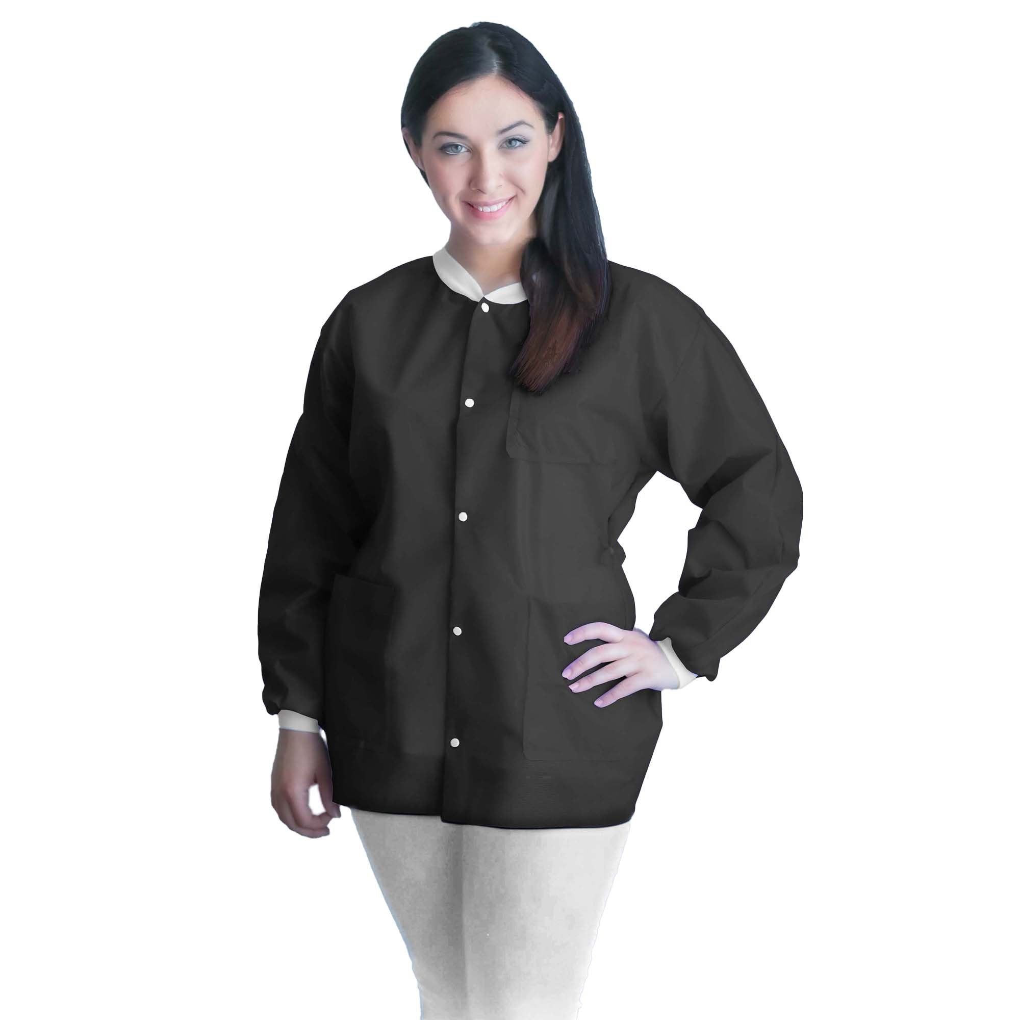Lab Jacket FitMe Black Large Hip Length 3-Layer SMS Disposable, Packaging Type- Case