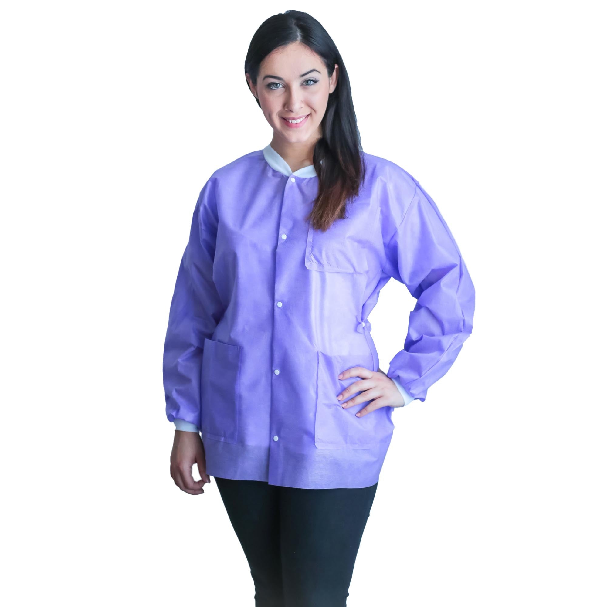 Lab Jacket FitMe Purple Medium Hip Length 3-Layer SMS Disposable, Packaging Type- Case