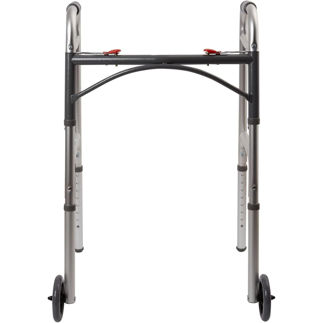 Dual Release Folding Walker with Wheels Adjustable Height McKesson Aluminum Frame 350 lbs. Weight Capacity 32 to 39 Inch Height Packaging type (each)