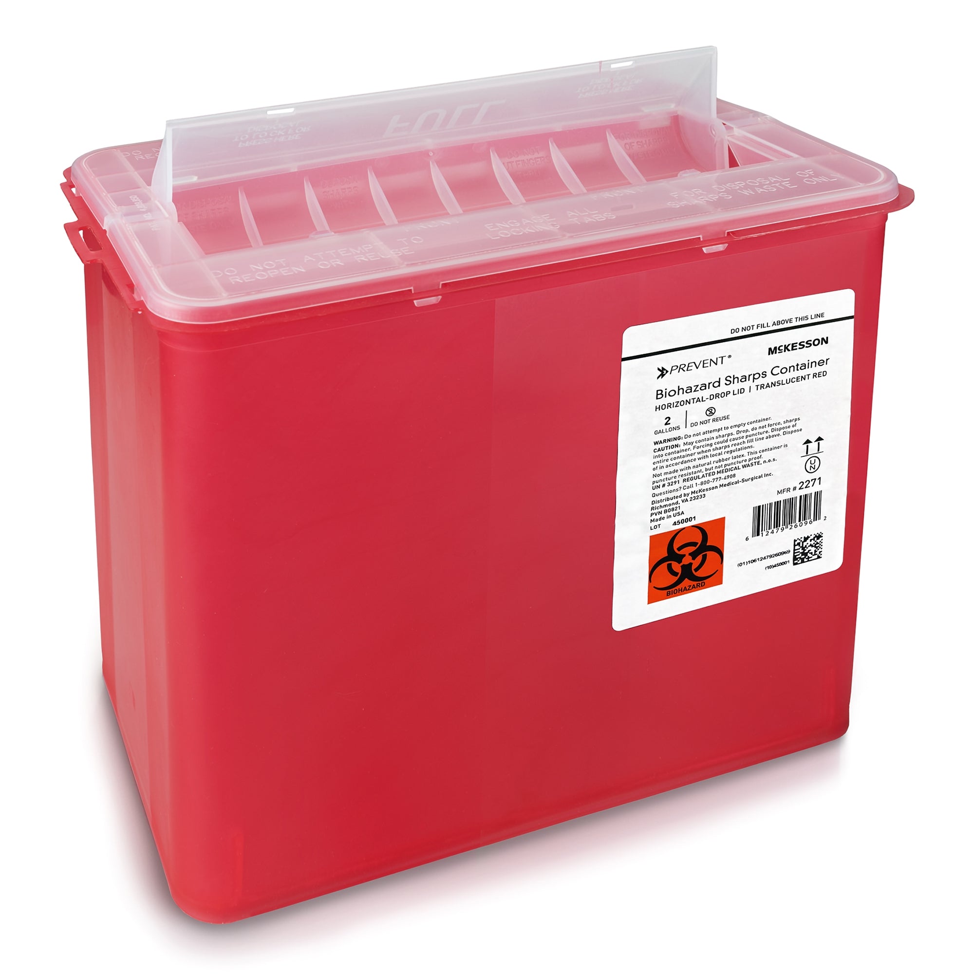 Sharps Container McKesson Prevent Translucent Red Base 9-1/4 H X 10 W X 6 D Inch Horizontal Entry 2 Gallon,  Packaging Type- Case