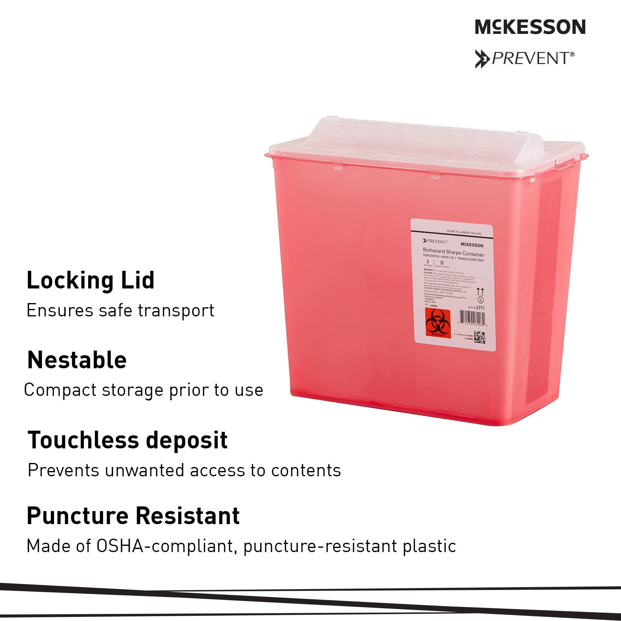 Sharps Container McKesson Prevent Translucent Red Base 9-1/4 H X 10 W X 6 D Inch Horizontal Entry 2 Gallon,  Packaging Type- Case