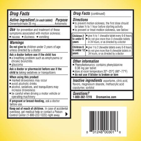 Nausea Relief Dramamine Motion Sickness Relief 25 mg Strength Chewable Tablet 8 per Box,Packaging Type- Box