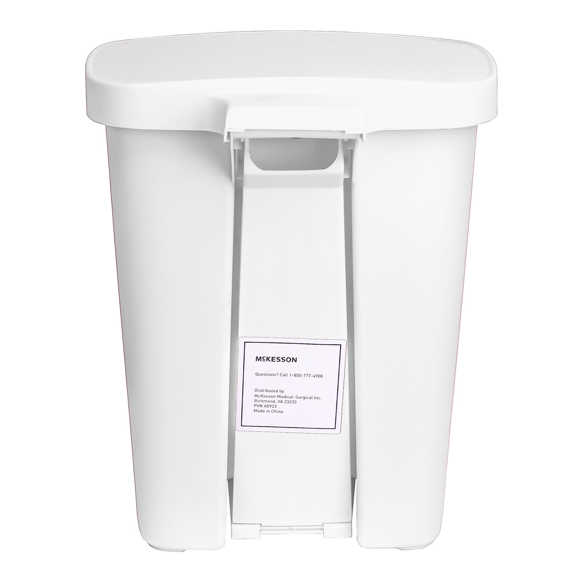 Rear view of white plastic trash can