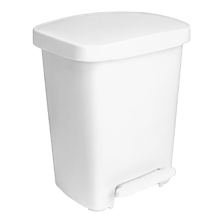 White plastic step-on trash can