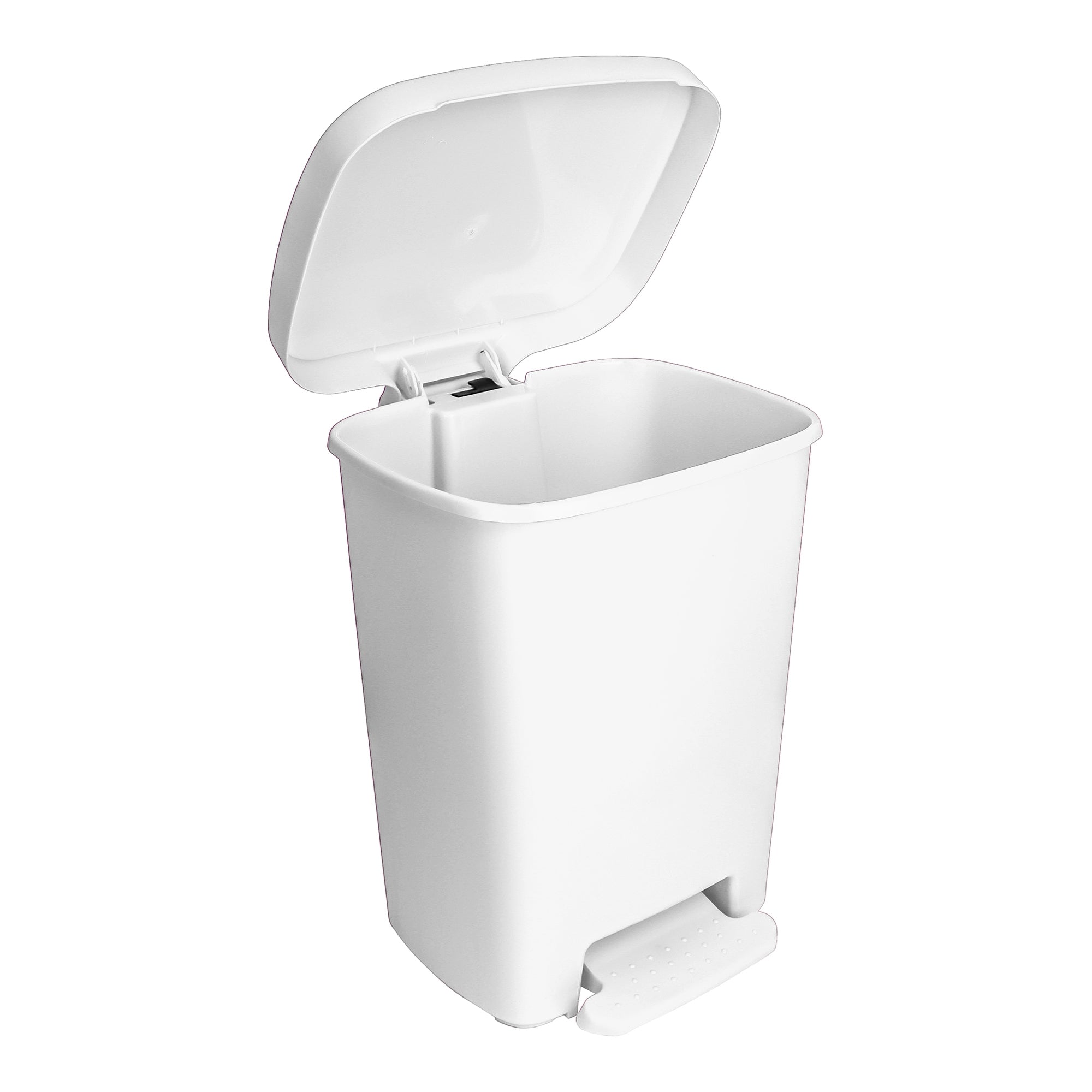 White step-on trash can with open lid