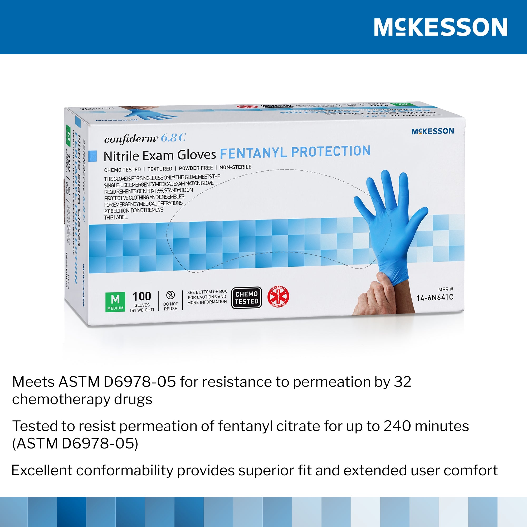 Exam Glove McKesson Confiderm 6.8C Medium NonSterile Nitrile Standard Cuff Length Fully Textured Blue Chemo Tested / Fentanyl Tested | 10Box/Case
