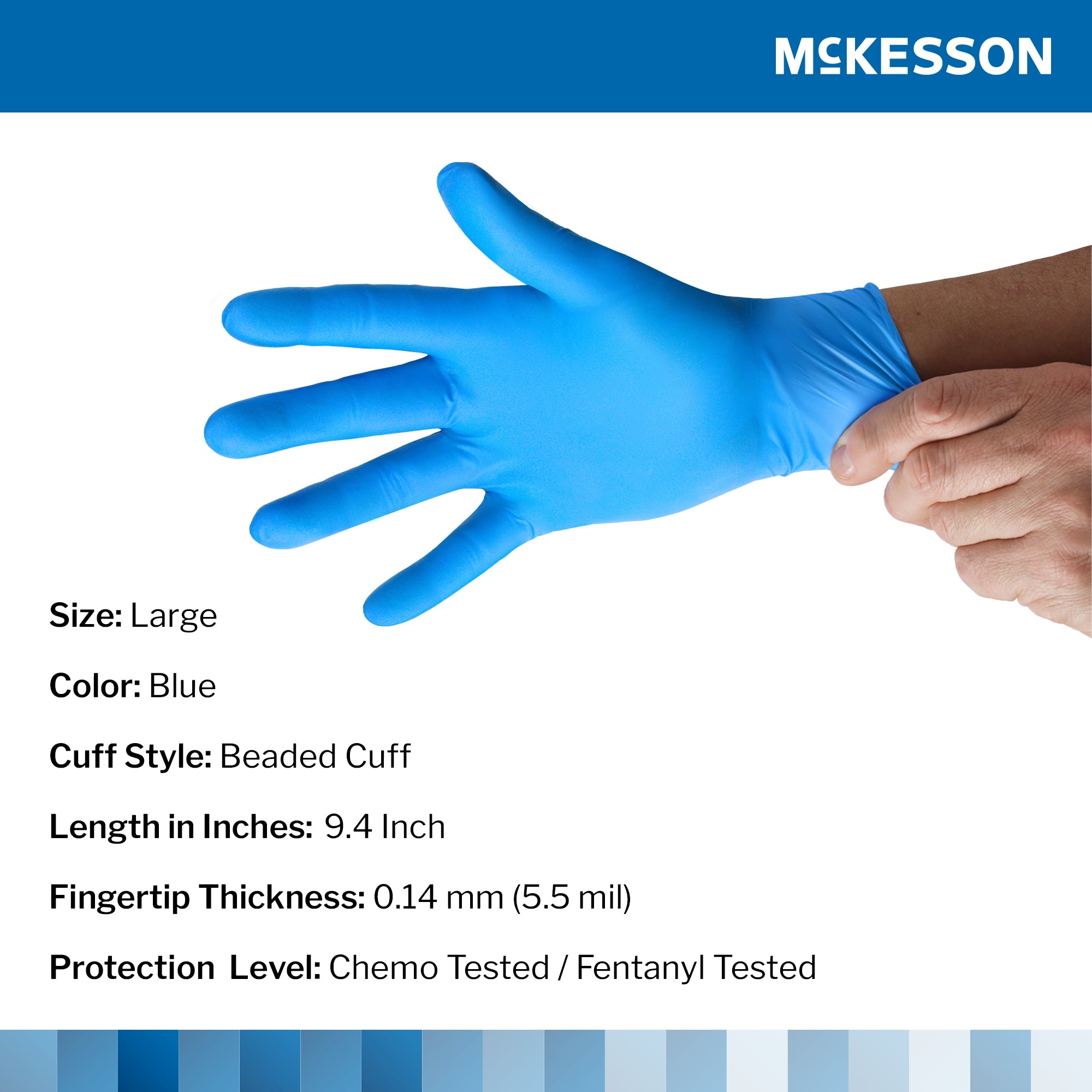 exam glove mckesson confiderm 6 8c large nonsterile nitrile standard cuff length fully textured blue chemo tested fentanyl tested packaging type box