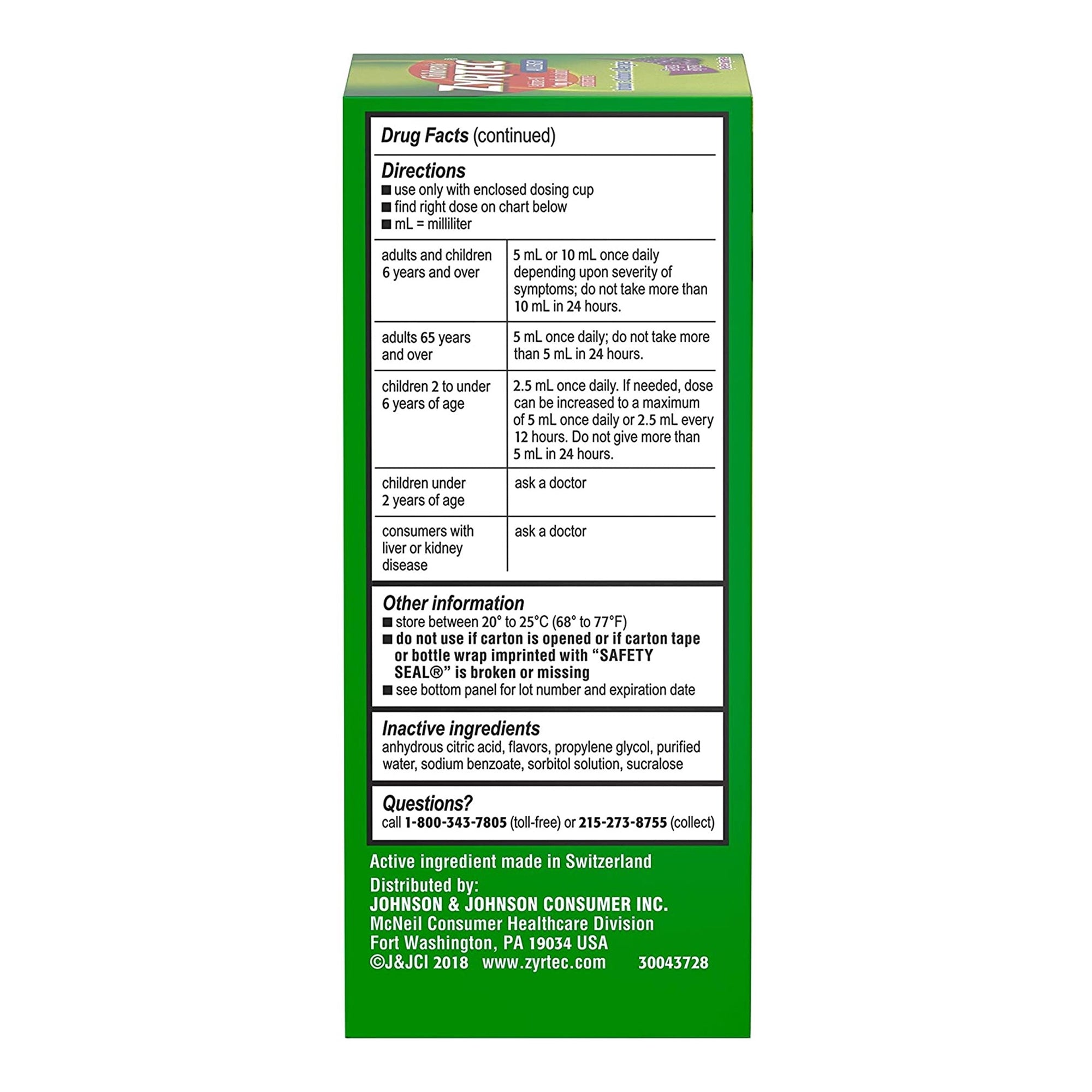 Children's Allergy Relief Zyrtec 1 mg / 1 mL Strength Solution 4 oz.,Packaging Type- Each