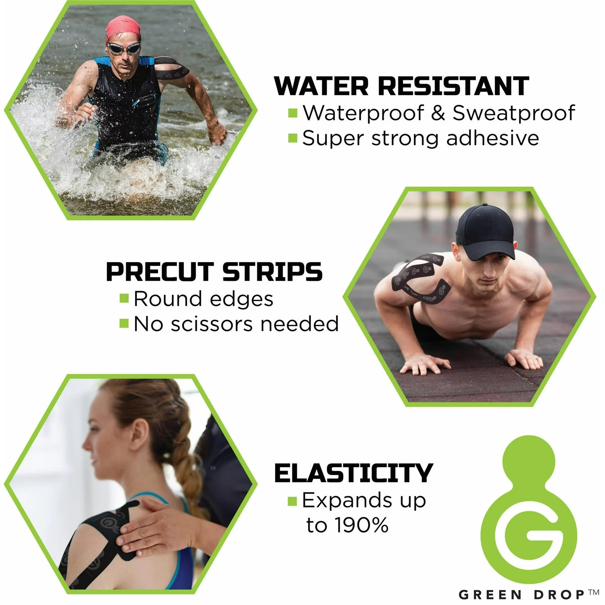 Kinesiology Tape Green Drop Black 2 X 10 Inch Nylon / Polyester / Spandex NonSterile, Packaging Type- Case