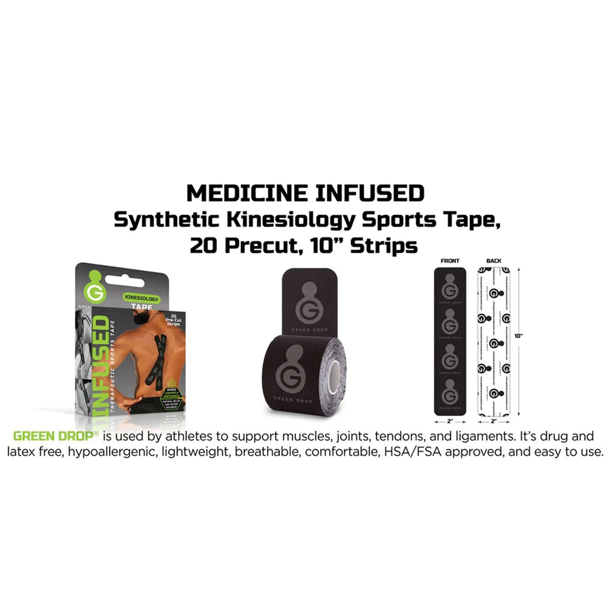 Kinesiology Tape Green Drop Black 2 X 10 Inch Nylon / Polyester / Spandex NonSterile, Packaging Type- Case