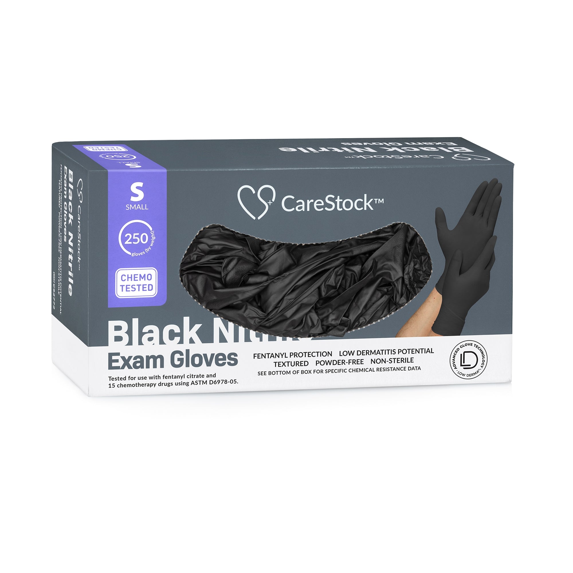 Exam Glove CareStock Small NonSterile Nitrile Standard Cuff Length Fully Textured Black Not Rated | 10Box/Case
