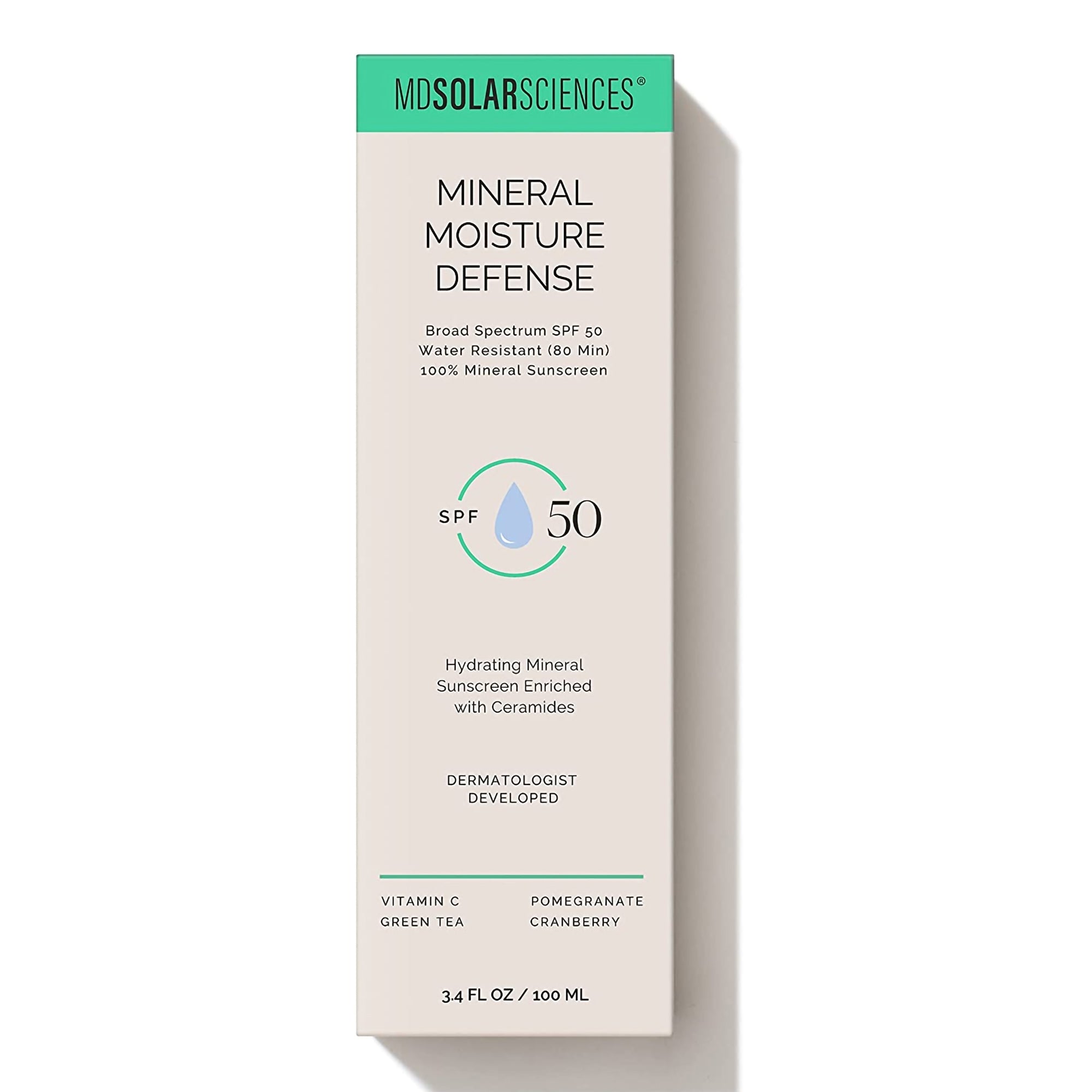 Crema protectora solar MDSolarsciences Mineral Moisture Defense FPS 50, tubo de 3.4 oz, empaque individual