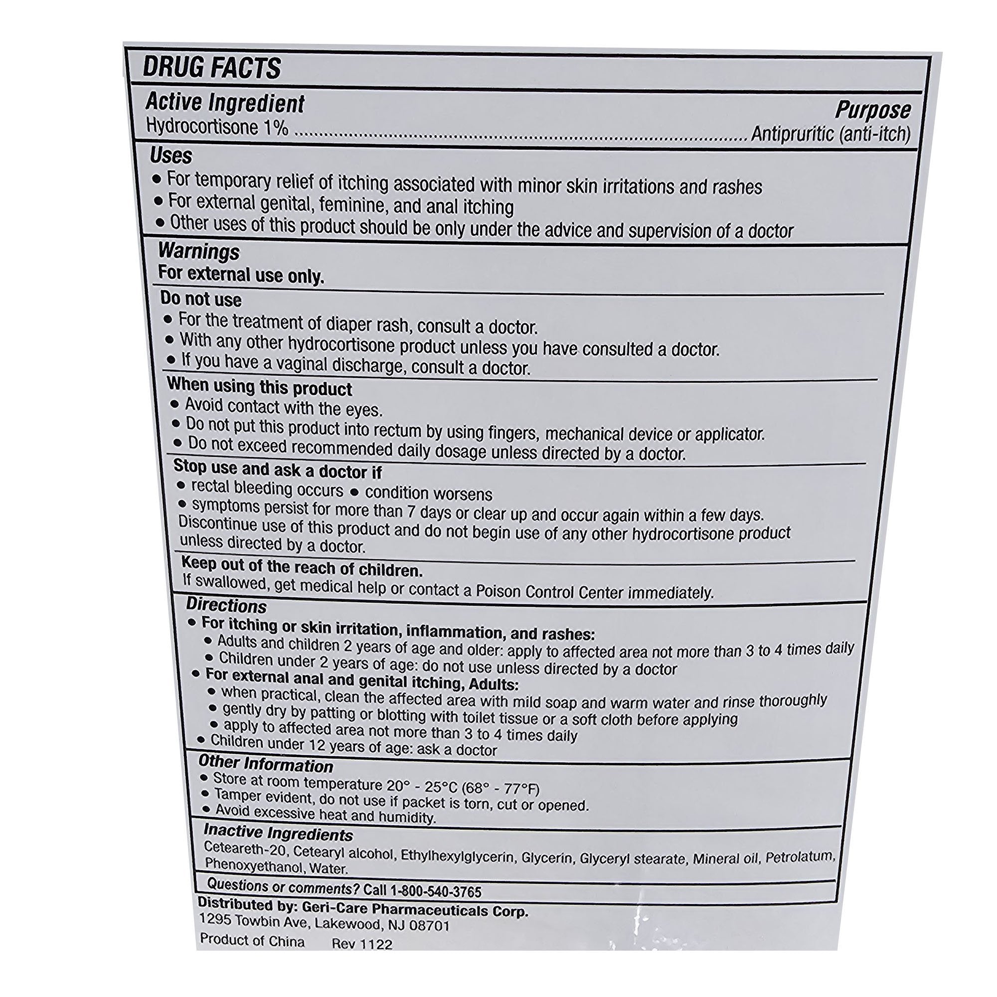 Itch Relief Geri-Care 1% Strength Cream 144 Per Box Individual Packet, Packaging Type- Case