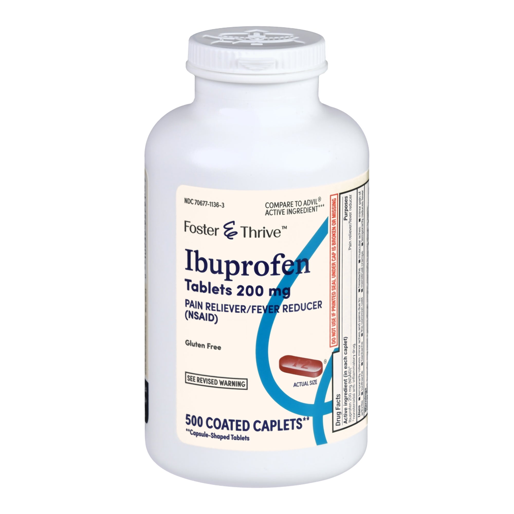 Pain Relief Foster & Thrive 200 mg Strength Ibuprofen Caplet 500 per Bottle, Packaging Type - Bottle