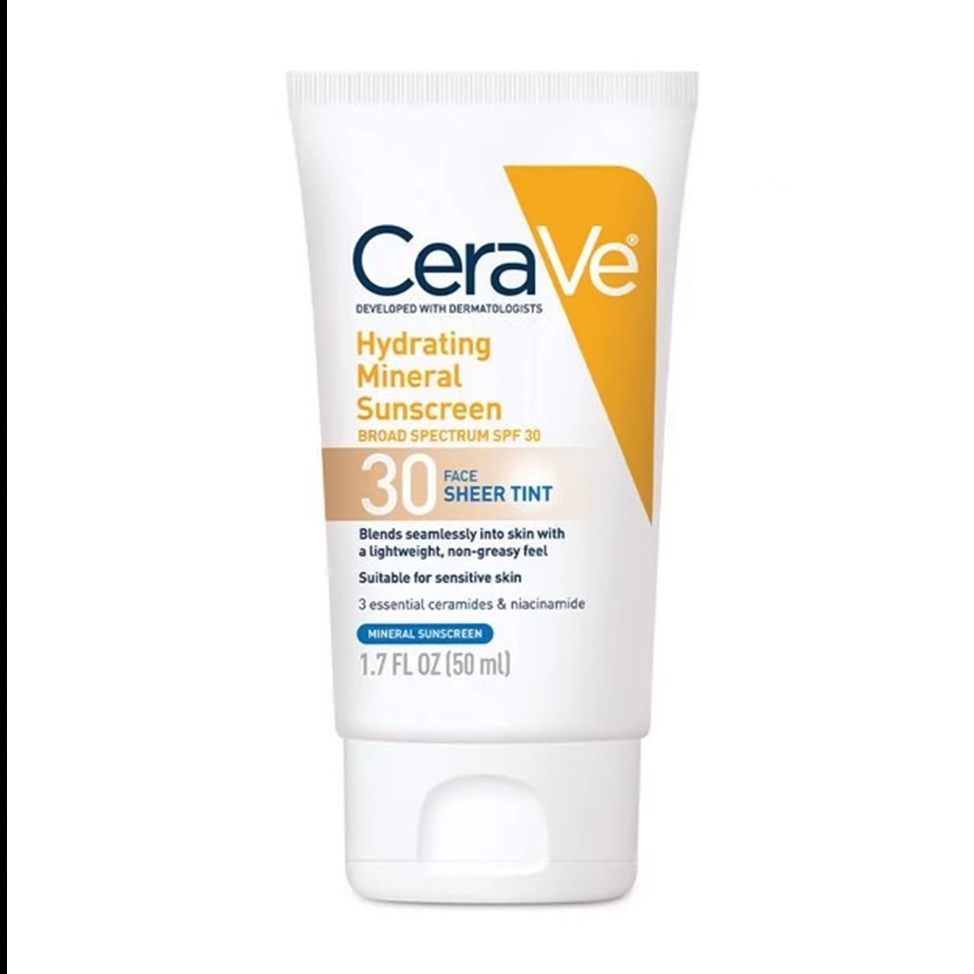 Protector solar mineral hidratante CeraVe, loción facial con tinte transparente FPS 30, tubo de 50 ml. Tipo de envase: individual.