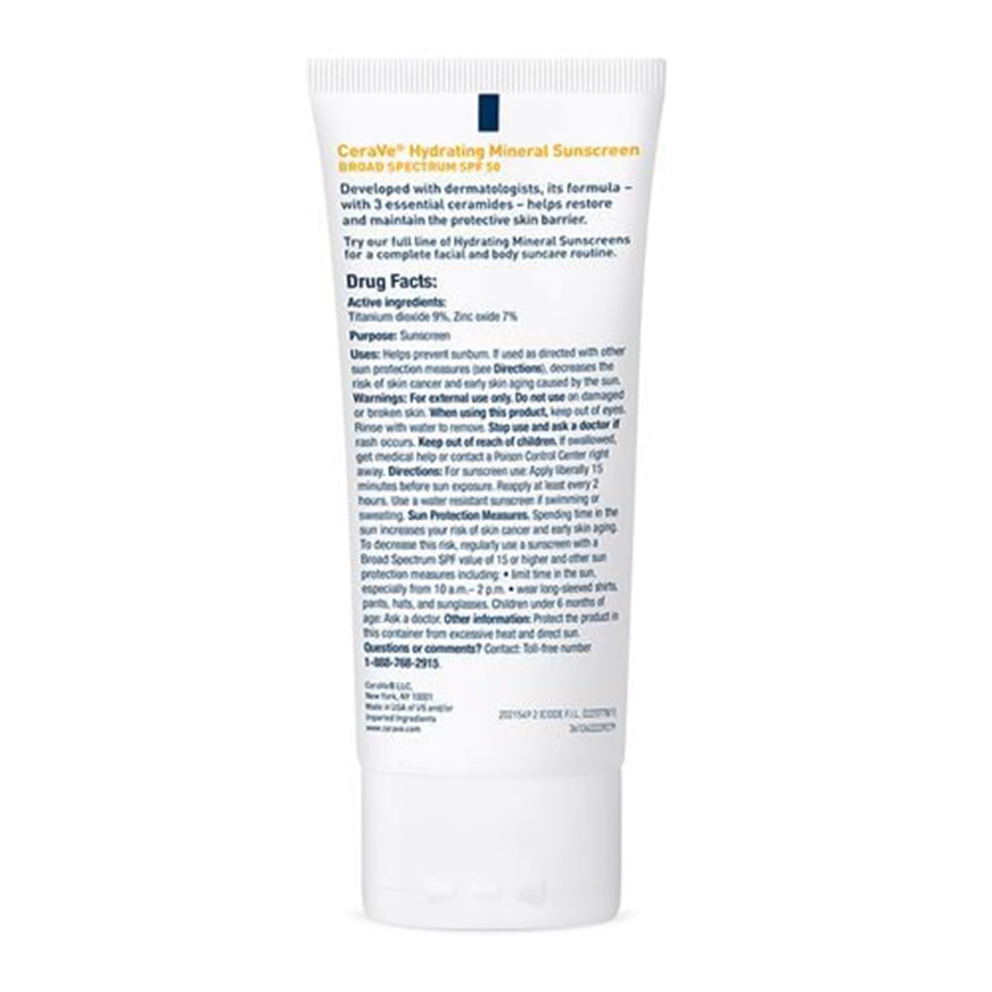 Sunscreen CeraVe Hydrating Mineral Sunscreen Face SPF 50 Lotion 2.5 oz. Tube,Packaging Type- Each