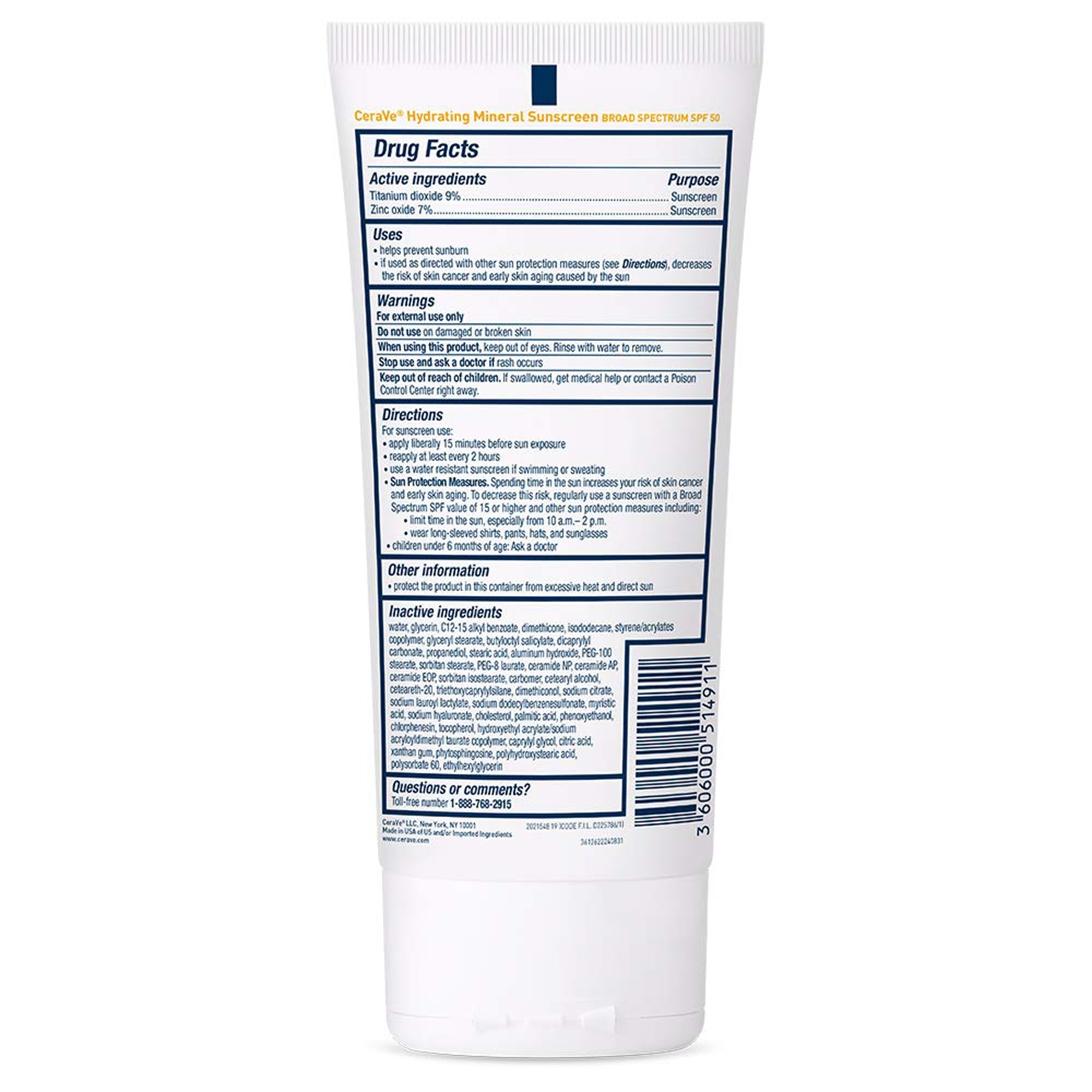 Sunscreen CeraVe Hydrating Mineral Sunscreen SPF 50 Lotion 5 oz. Tube,Packaging Type- Each