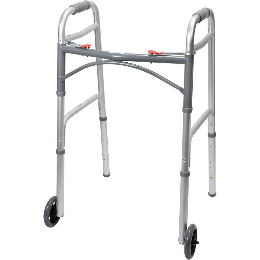 Dual Release Folding Walker with Wheels Adjustable Height McKesson Aluminum Frame 350 lbs. Weight Capacity 32 to 39 Inch Height Packaging type (each)