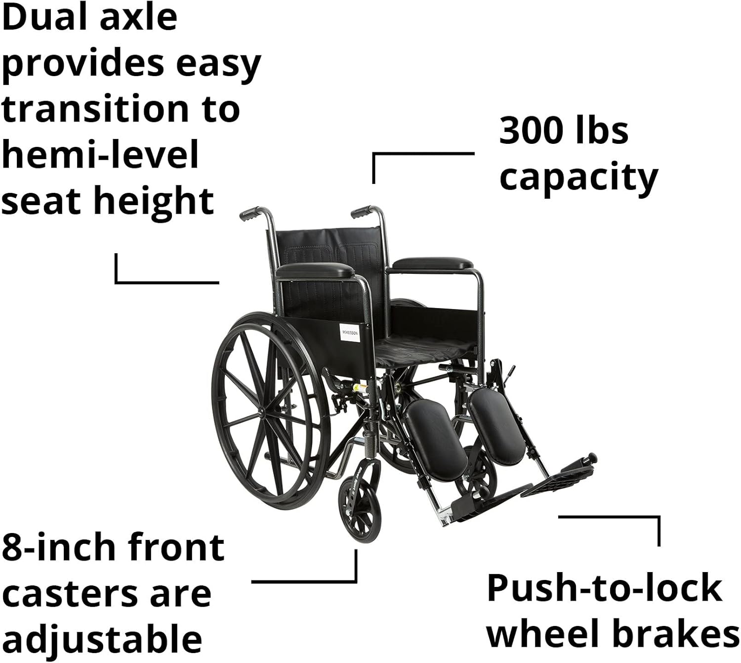 Wheelchair McKesson Dual Axle Full Length Arm Swing-Away Elevating Legrest Black Upholstery 18 Inch Seat Width Adult 300 lbs. Weight Capacity, Packaging Type- Each