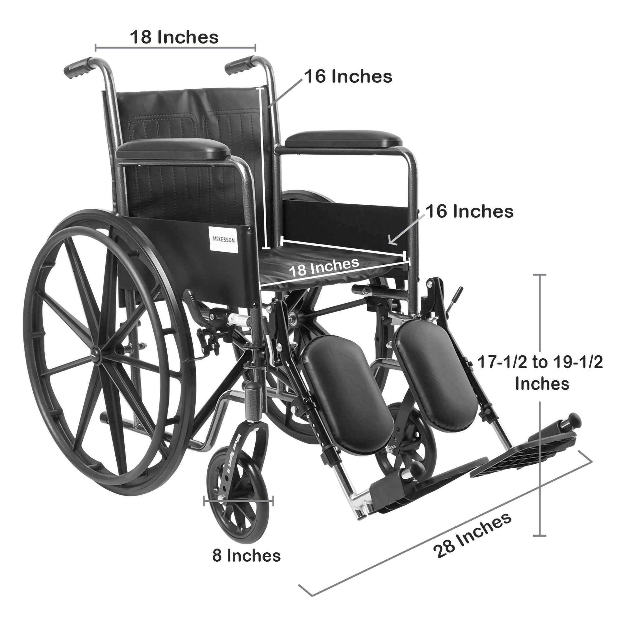 Wheelchair McKesson Dual Axle Full Length Arm Swing-Away Elevating Legrest Black Upholstery 18 Inch Seat Width Adult 300 lbs. Weight Capacity, Packaging Type- Each