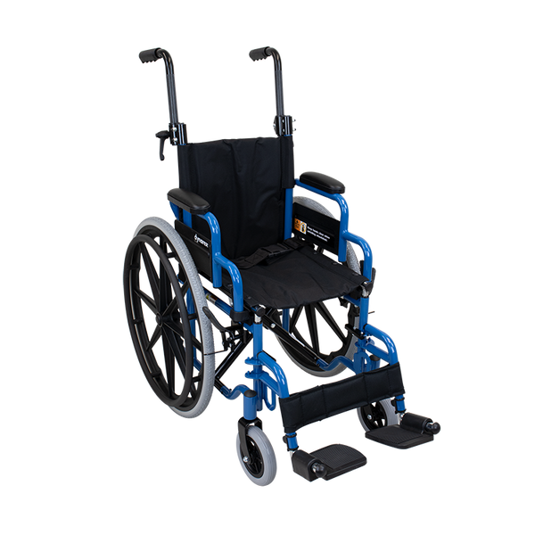 DynaRide pediatric 14 inch wheelchair with footrests front three-quarter view