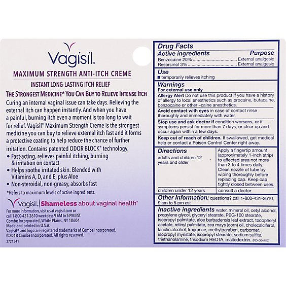 Itch Relief Vagisil 20% - 3% Strength Cream 1 oz. Tube,Packaging Type- Each