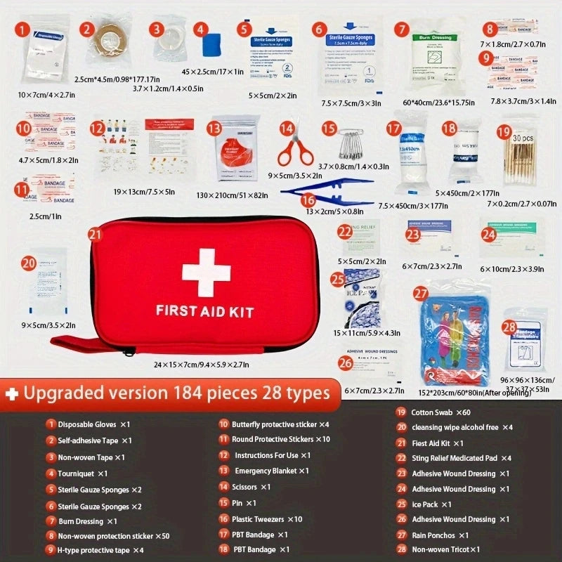 184Pcs First Aid Kit Multi Purpose Emergency Medical Suppliesportable Medical Bag for Outdoor Hiking Camping and More