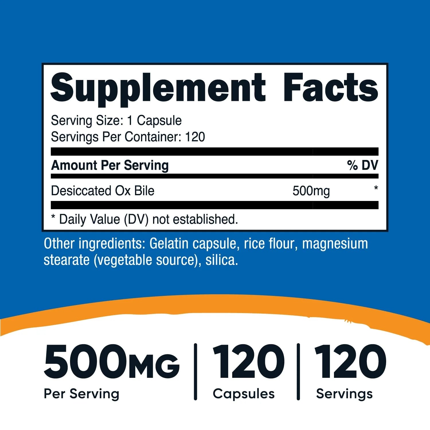 Ox Bile Capsules 500Mg per Serving, 120 Capsules - Non-Gmo & Gluten Free Supplement