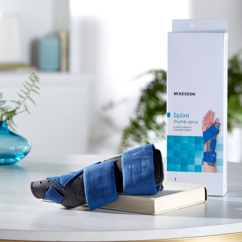 Thumb Splint McKesson Adult Small / Medium Hook and Loop Strap Closure Left Hand Blue / Gray, Packaging Type- Each