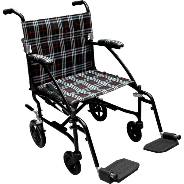 Drive Medical Fly-lite Transport chair Wheelchair with Swing Away Footrest ,8 Casters In Front And 6" Rear Wheels ,carry pocket on backrest 300 lbs Weight Capacity ,19" (W) x 15.5" (D) ,DFL19BLK