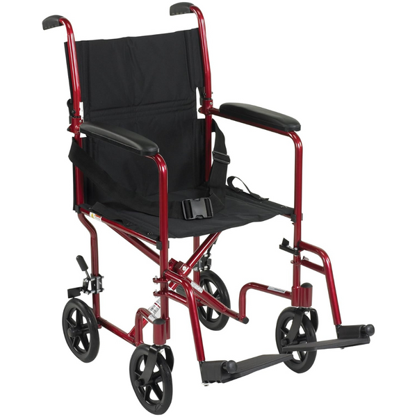 Drive Medical Transport Lightweight Red Wheelchair with Padded armrests and swing-away footrests ,Composite 8" Wheels ,300 lbs Weight Capacity ,19" (W) x 16" (D) ,10950J