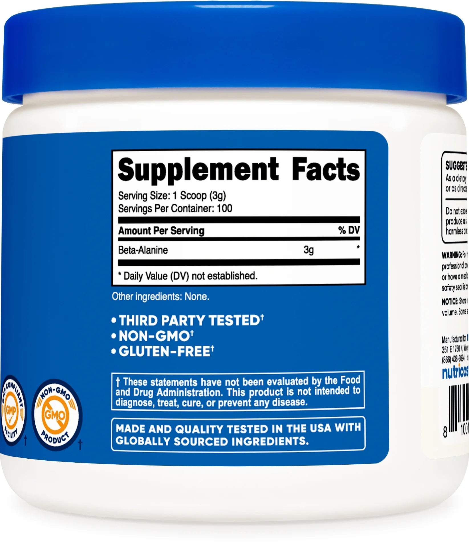 Beta Alanine Powder 300 Grams, 100 Servings - Gluten Free & Non-Gmo Supplement