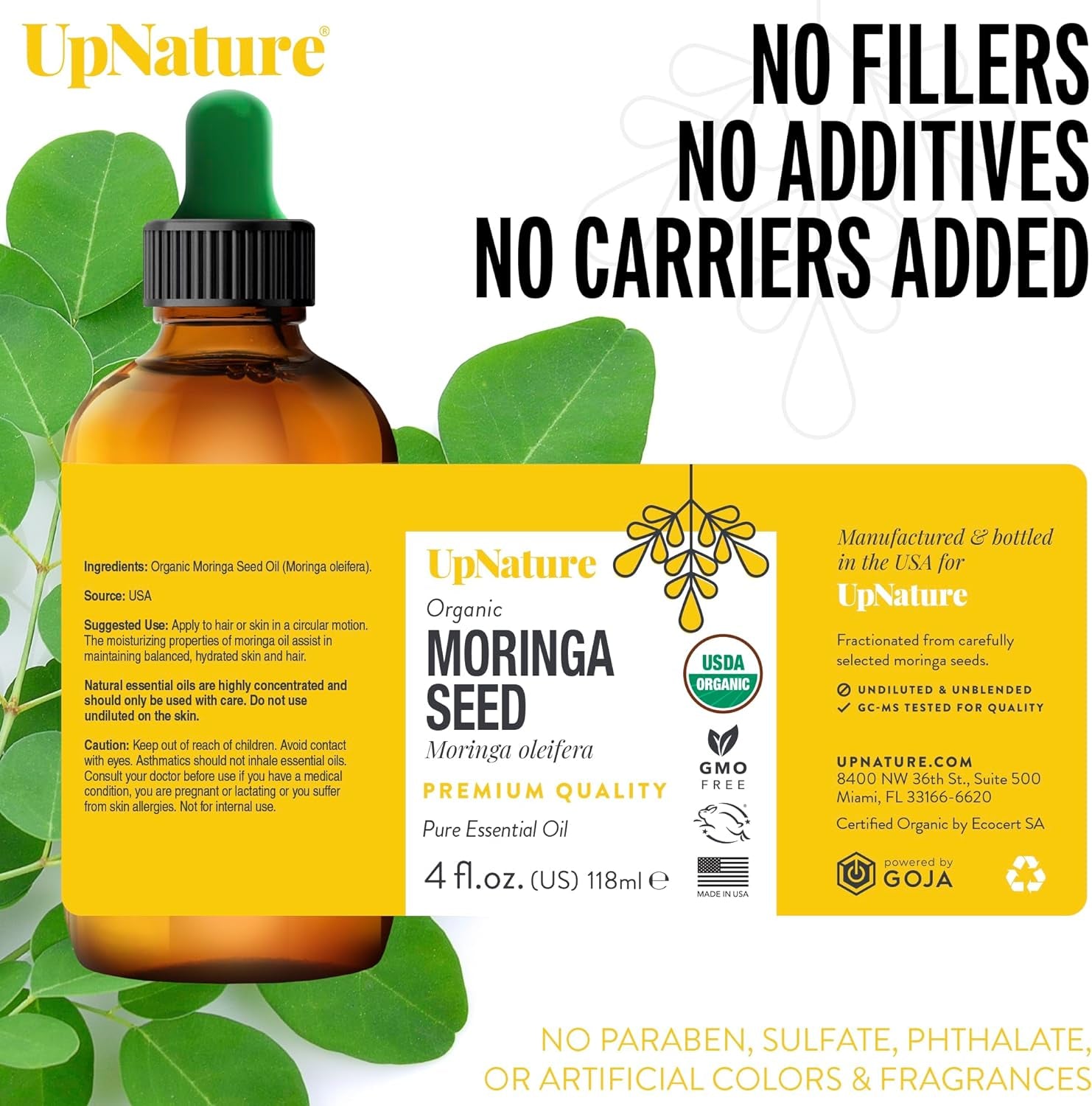 Moringa Oil Organic 4 OZ – USDA Certified Organic Moringa Seeds Oil - Moringa Oil for Face, Moringa Oleifera for Hair Growth - Therapeutic Grade, Undiluted, Non-Gmo