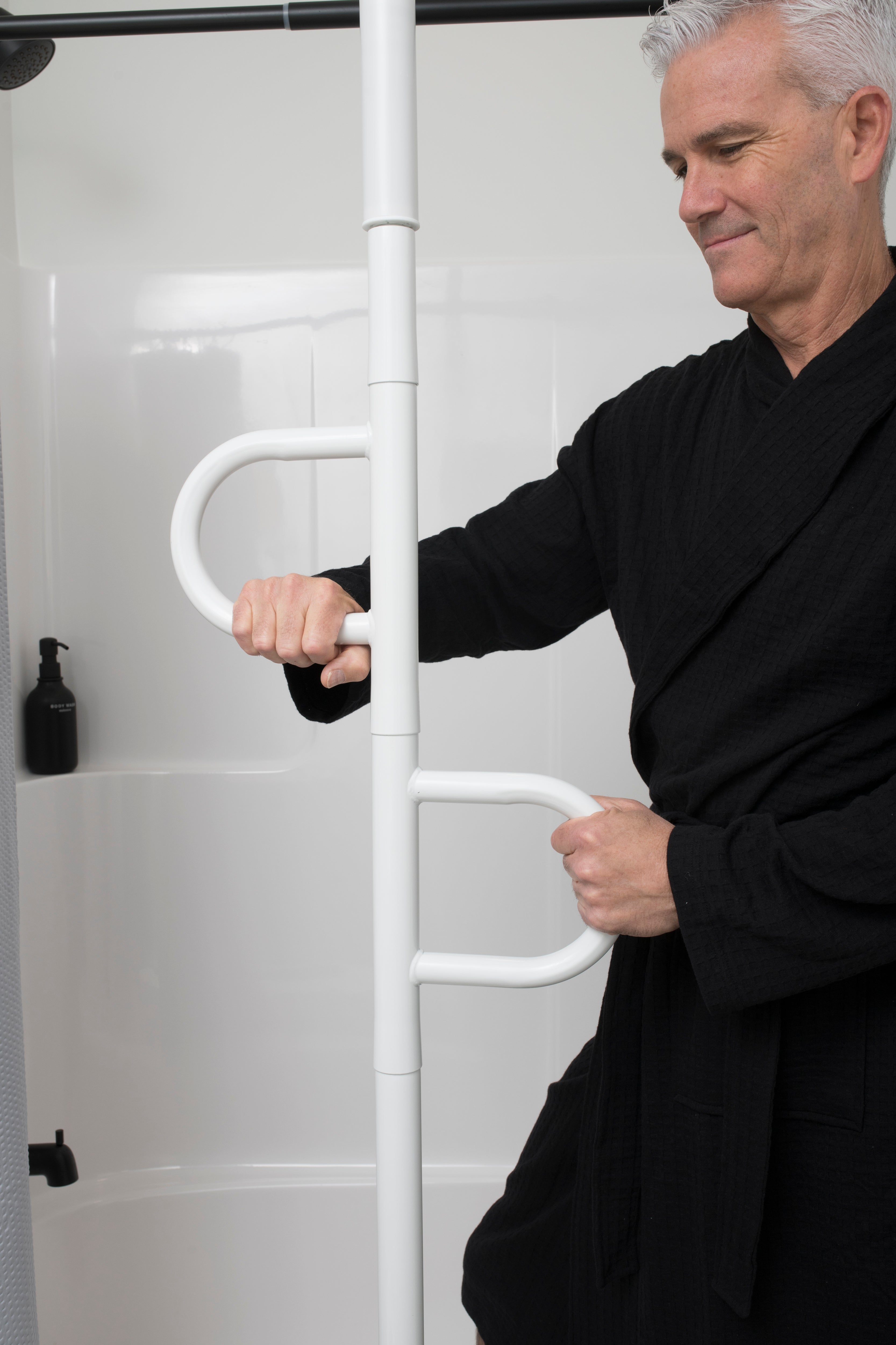 Secure and Stylish Double Handle Floor to Ceiling Grab Bar for Safety | Ideal for Bathrooms and Stairways | Enhance Stability with Easy Installation