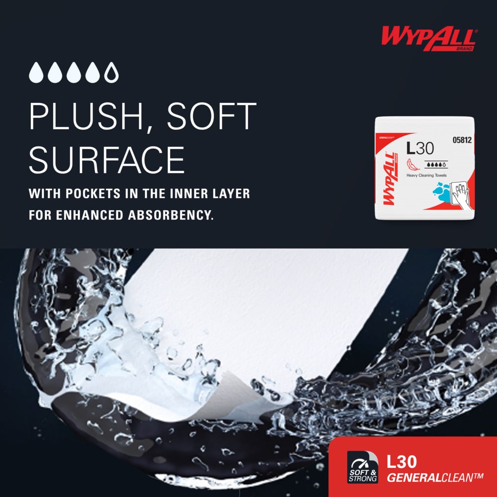 Toallita WypAll L30 de uso ligero, blanca, no estéril, doble crepa, desechable, 30 x 31,5 cm, tipo de embalaje: caja