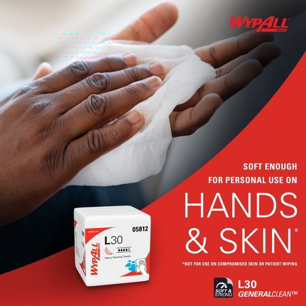 Toallita WypAll L30 de uso ligero, blanca, no estéril, doble crepa, desechable, 30 x 31,5 cm, tipo de embalaje: caja