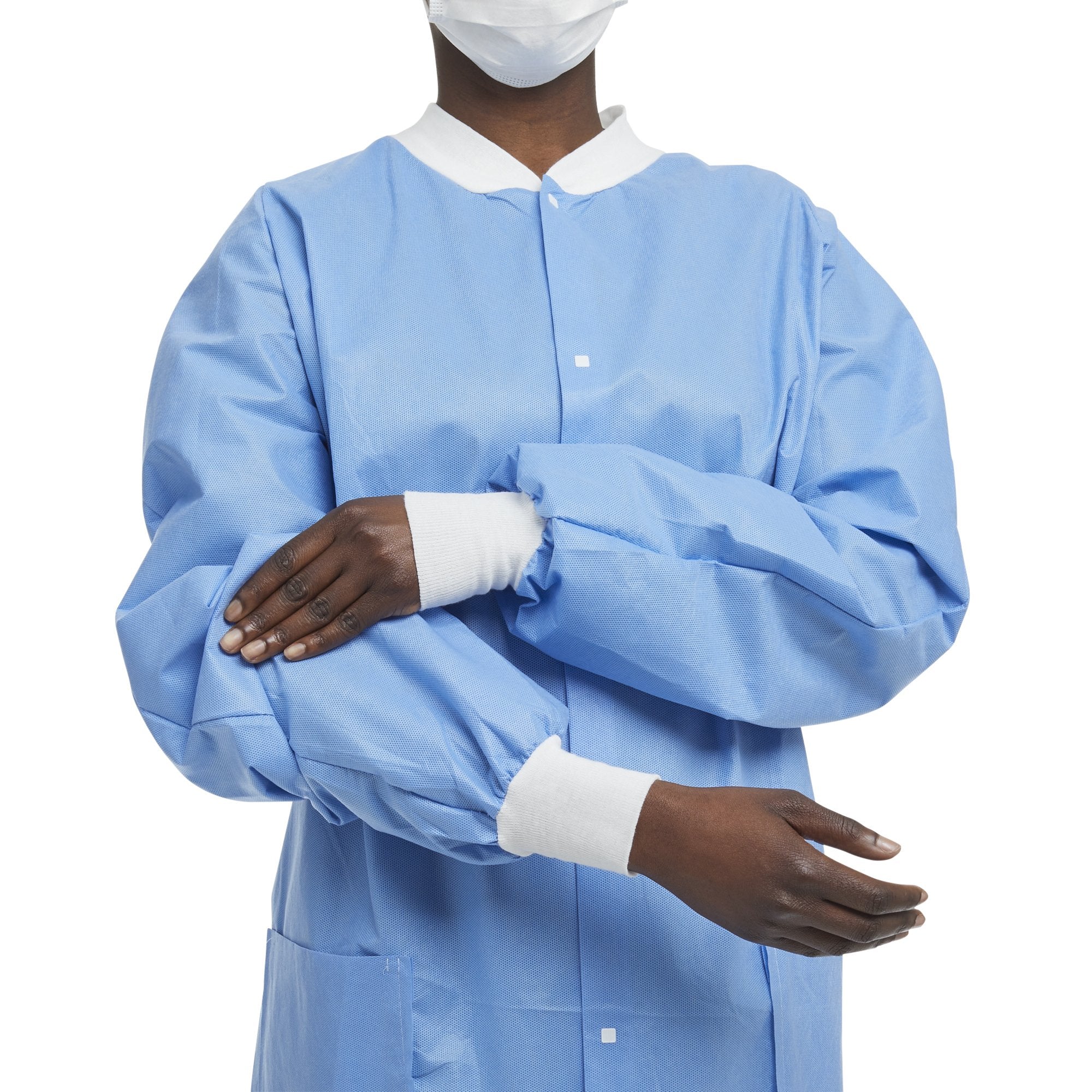 Lab Jacket Blue Large Hip Length 3-Layer SMS Disposable, Packaging Type- Case