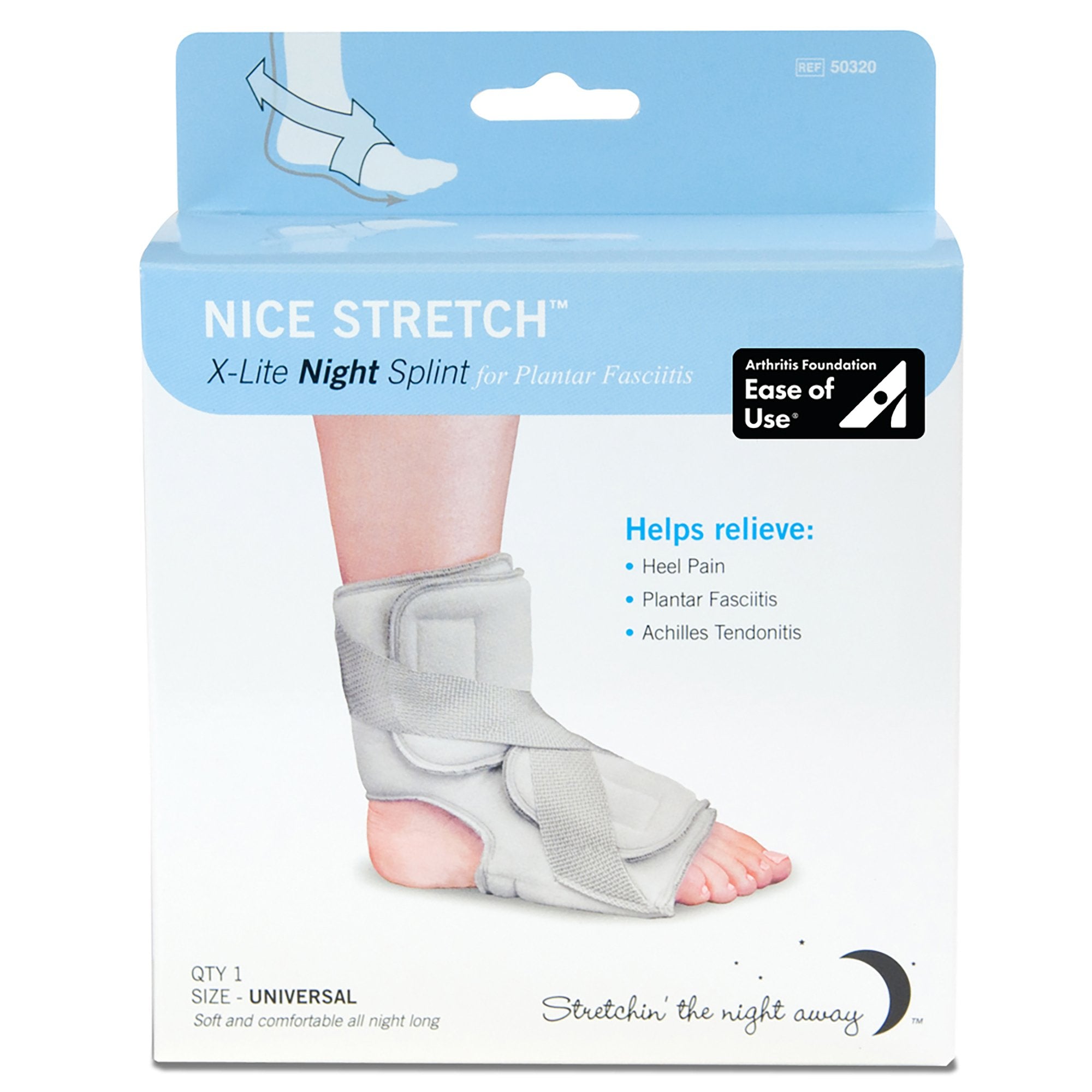 Plantar Fasciitis Night Splint Nice Stretch X-Lite One Size Fits Most Hook and Loop Closure Left or Right Foot