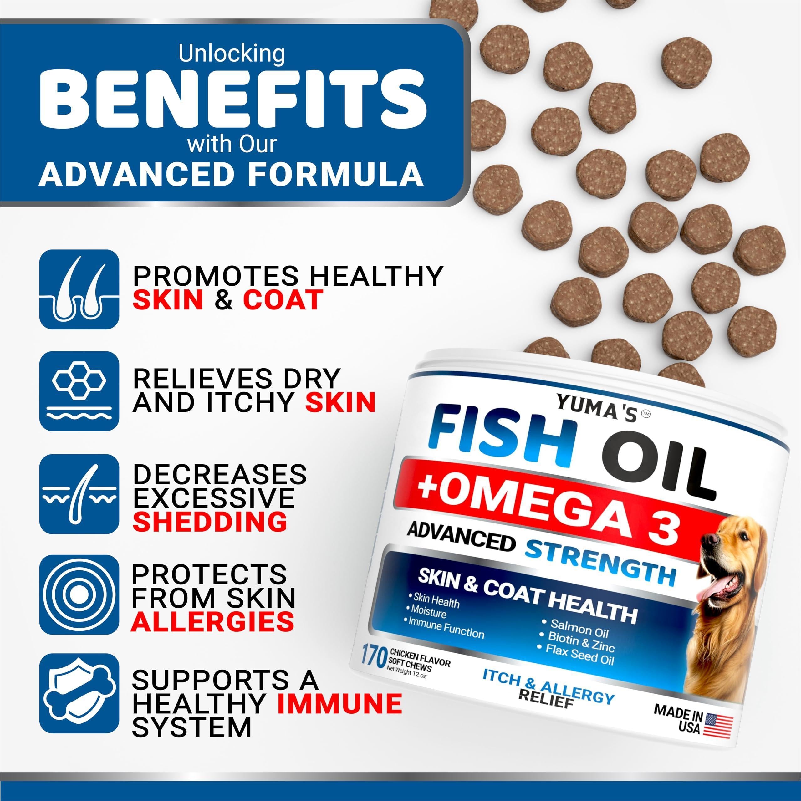 Omega 3 Fish Oil for Dogs   170 Chews   Skin and Coat Supplement   Omega 3 for Dogs   Dry & Itchy Skin Relief Treatment   Allergy Support   Dog Anti Shedding Treats   Shiny Coats   EPA & DHA   Salmon