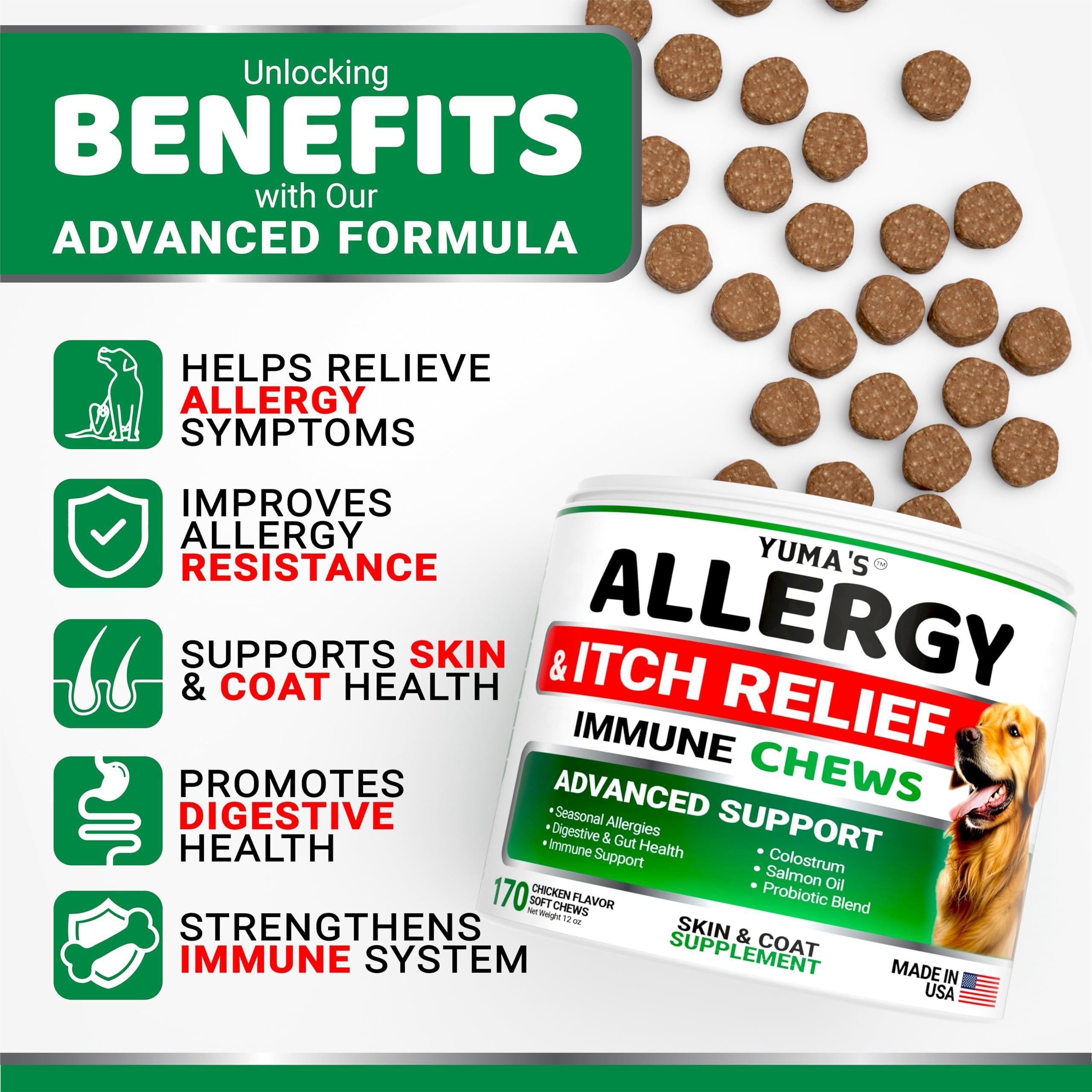 YUMA'S Dog Allergy Relief Chews   Dog Itching Skin Relief Treatment Pills   170 Treats   Anti Itch for Dogs   Itchy and Paw Licking   Dry Skin & Hot Spots   Omega 3 Fish Oil   Skin & Coat Supplement