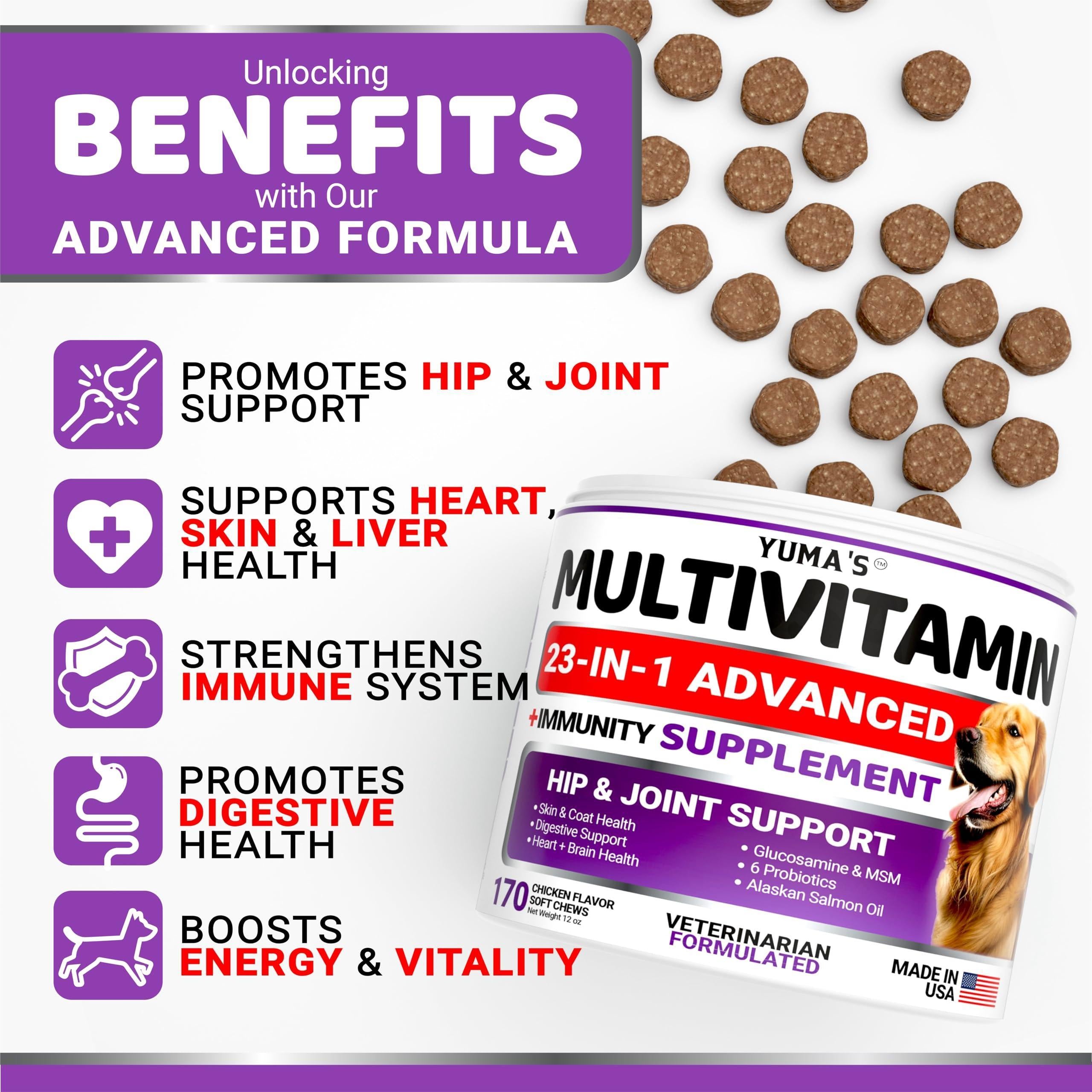 Dog Multivitamin Chewable with Glucosamine   Dog Vitamins and Supplements   170 Treats   Senior & Puppy Multivitamin for Dogs   Hip & Joint Support   Immune Health Skin Heart Digestion Probiotics