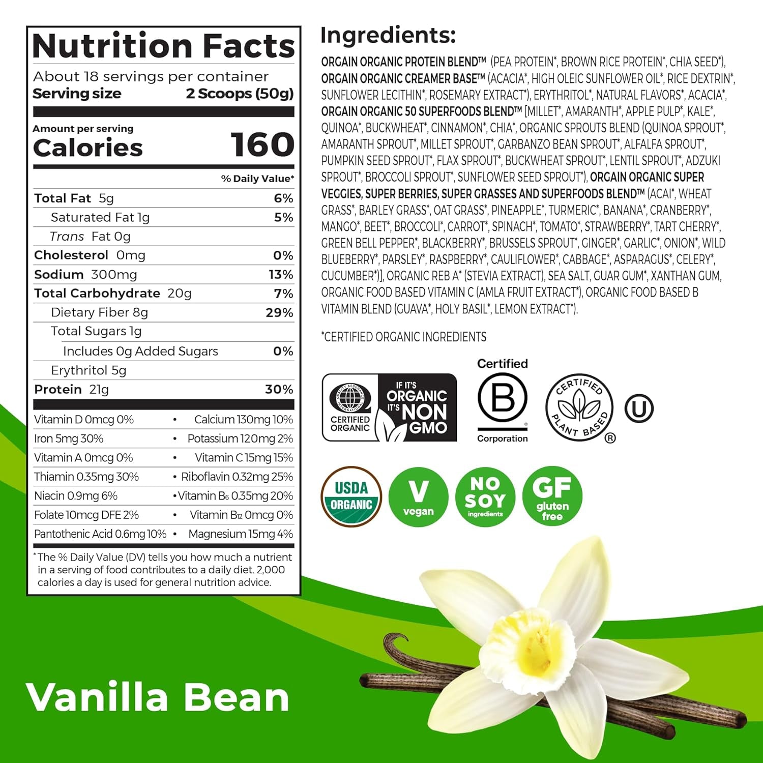 Organic Vegan Protein + 50 Superfoods Powder, Vanilla Bean - 21G Plant Based Protein, 8G Prebiotic Fiber, No Lactose Ingredients, Gluten Free, No Added Sugar, Non-Gmo, 2.02 Lb