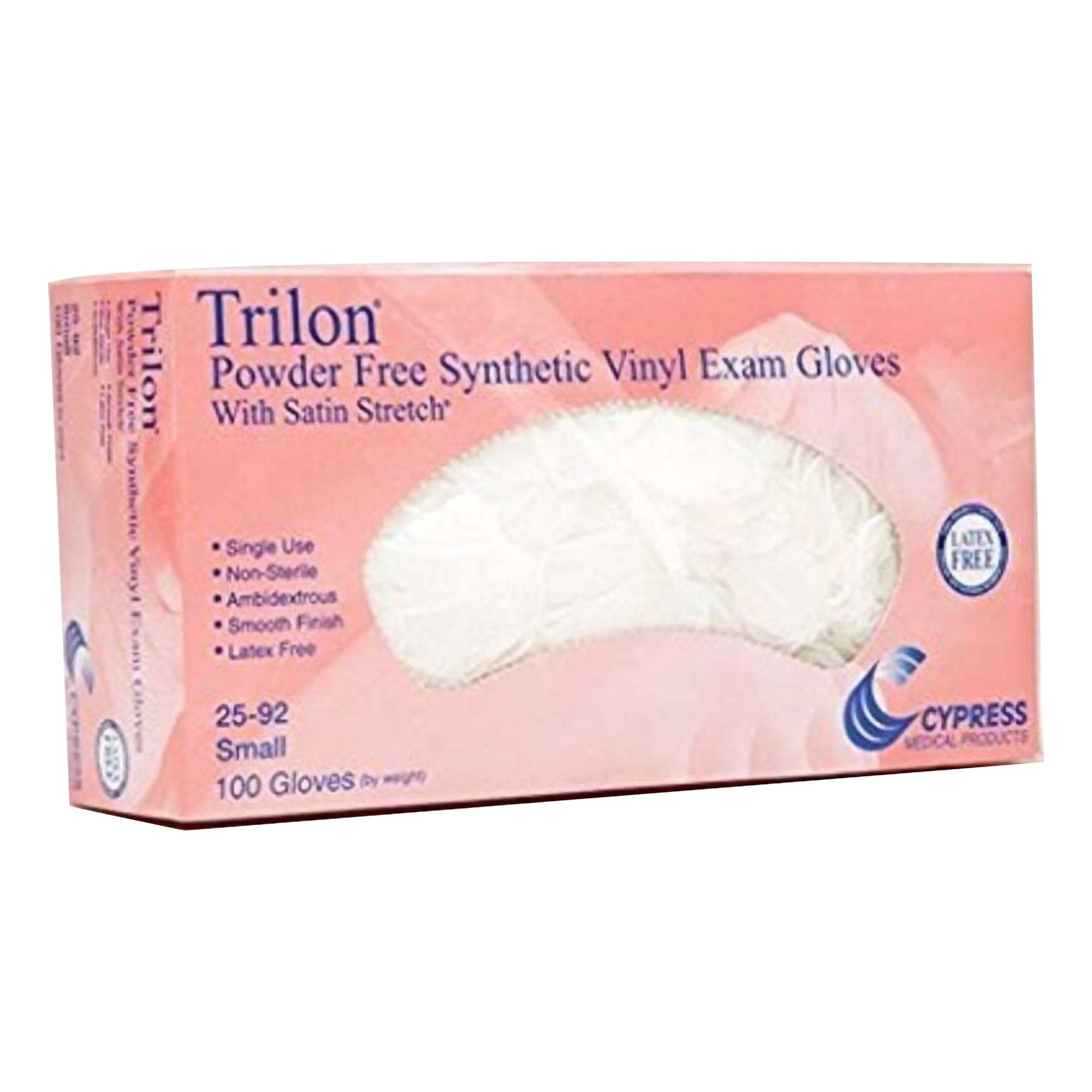 exam glove trilon small nonsterile vinyl standard cuff length smooth clear not rated with prop 65 warning packaging type box