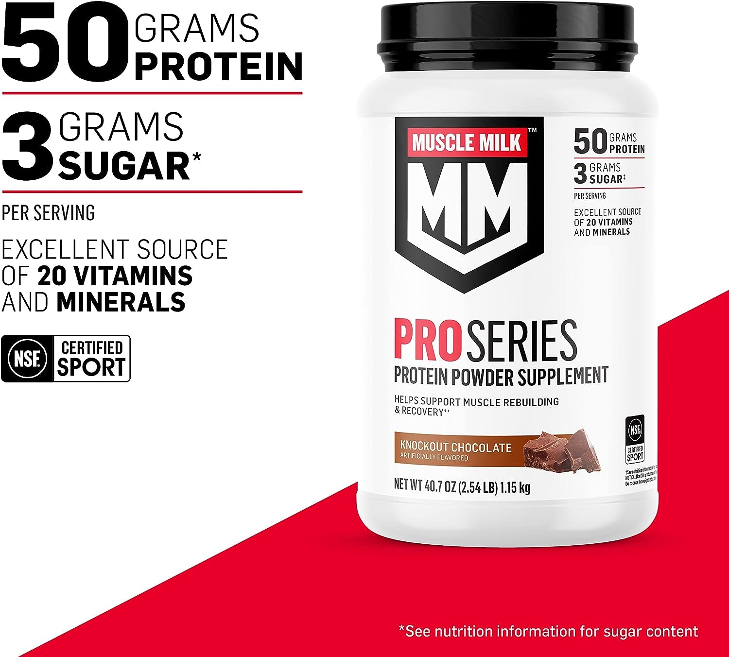 Pro Series Protein Powder Supplement, Knockout Chocolate, 2.54 Pound, 14 Servings, 50G Protein, 3G Sugar, 20 Vitamins & Minerals, NSF Certified for Sport, Packaging May Vary