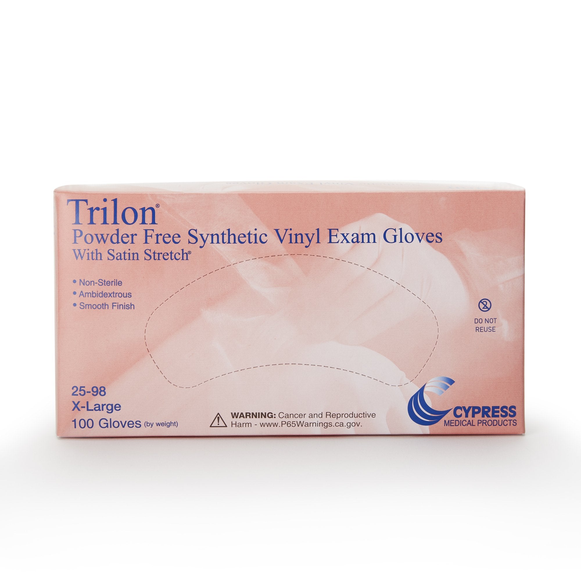exam glove trilon x large nonsterile vinyl standard cuff length smooth clear not rated with prop 65 warning packaging type box
