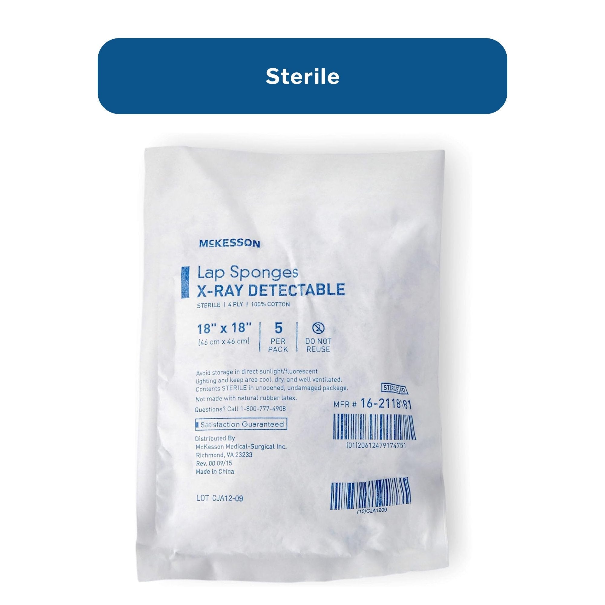 Esponja McKesson para laparotomía quirúrgica, algodón, detectable por rayos X, 45 x 45 cm, 5 unidades, paquete blando, estéril, tipo de empaque: estuche