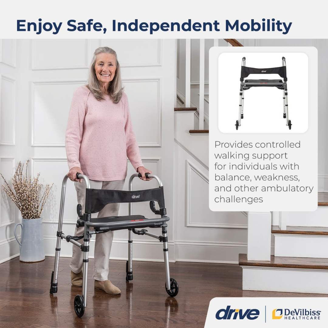 Clever-Lite LS Dual Release Folding Walker with Wheels and Seat Adjustable Height Clever-Lite LS Aluminum Frame 300 lbs. Weight Capacity 29-1/2 to 39 Inch Height, Packaging Type- Each