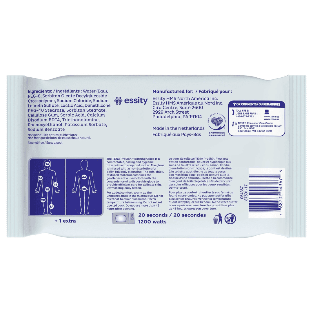 Guante de baño sin enjuague TENA ProSkin Soft Pack perfumado, 5 unidades, tipo de empaque: estuche