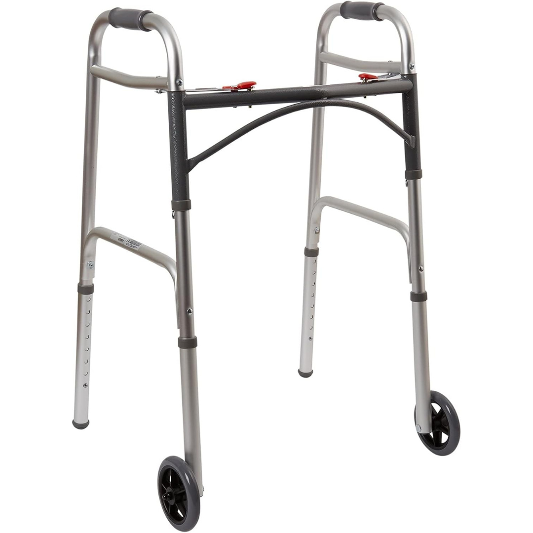 Dual Release Folding Walker with Wheels Adjustable Height McKesson Aluminum Frame 350 lbs. Weight Capacity 32 to 39 Inch Height Packaging type (each)